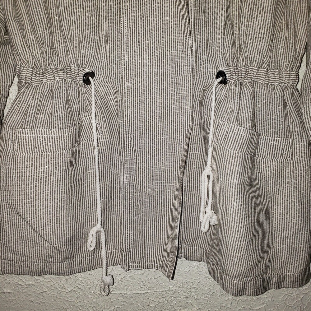 Lucky Brand Sz L Women's Linen Blend Striped Jacket Full Zip Waist Drawstring - Picture 4 of 12